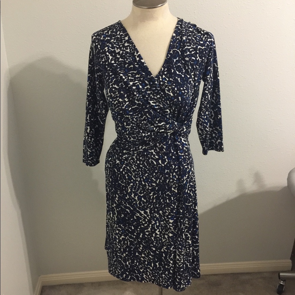 Ann Taylor faux 3/4 sleeve animal print wrap dress.